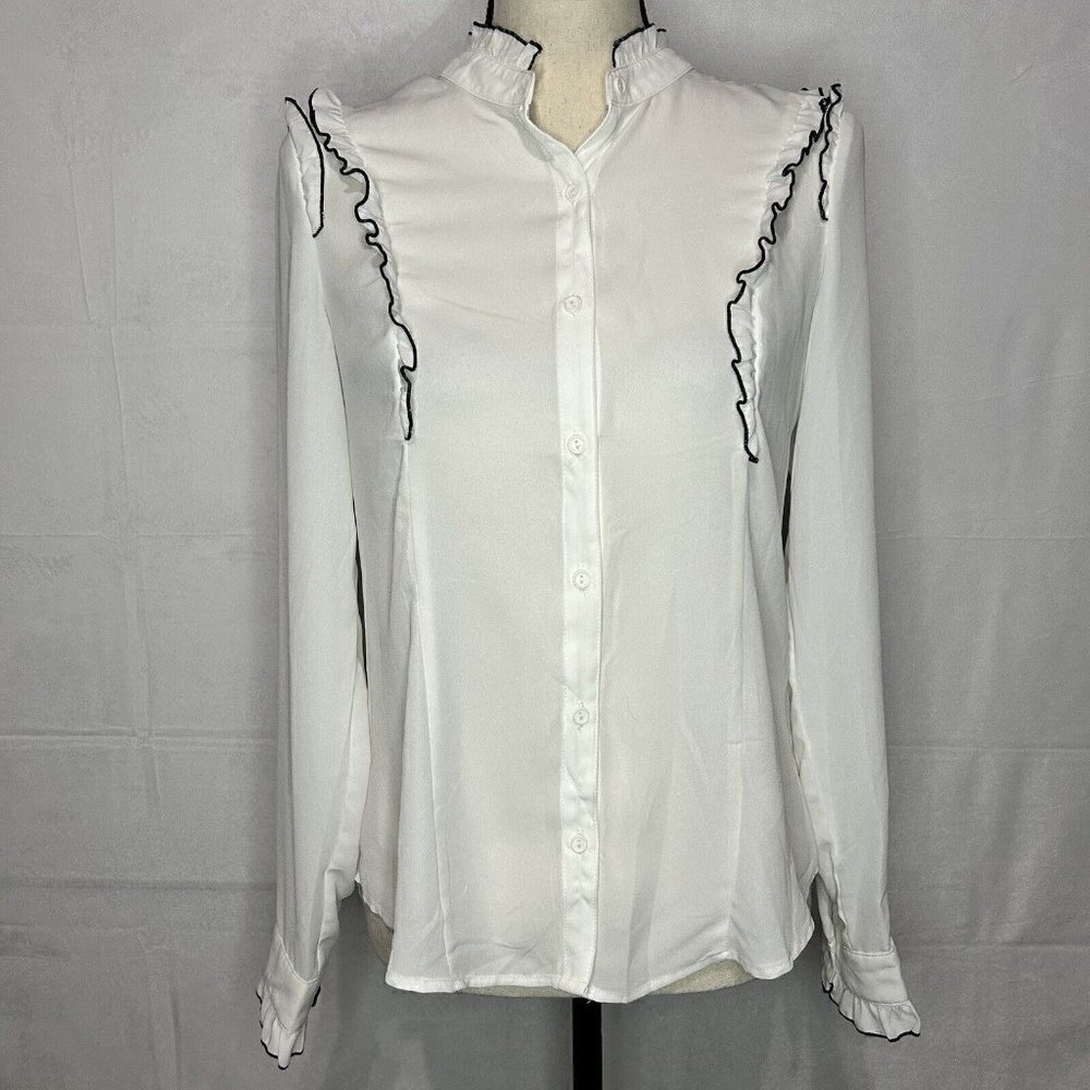 Crave Fame by Almost Famous White Button-Down Semi-Sheer Blouse Ruffles Size M